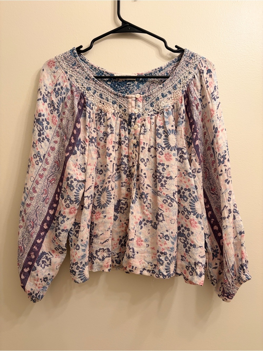 Lucky Brand Cream Floral Boho Tunic with Blue and Purple Accents